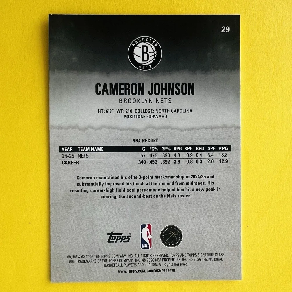 2025-26 Topps Signature Class Round 1 Pick 11 #29 Cameron Johnson Nets